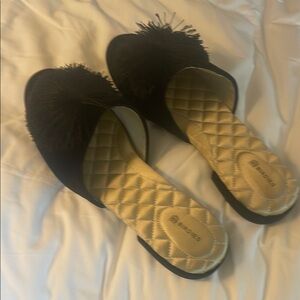 Birdies - The Dove - Black Satin Poof Slipper